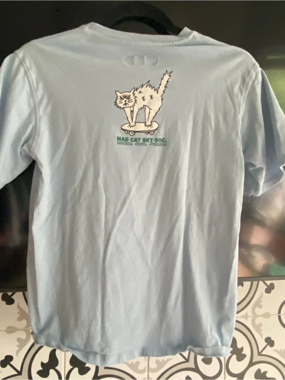 Zara Kids Light Blue Cat Skateboard Graphic Tee Sz 11/12